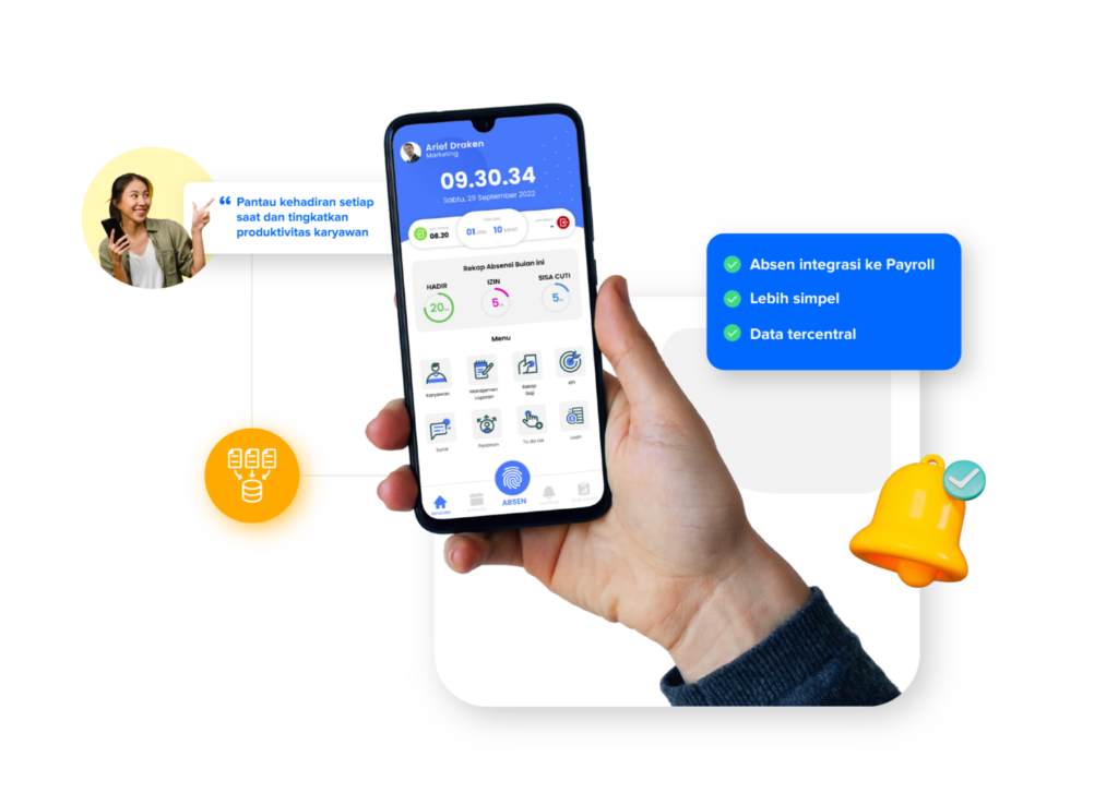 Tampilan aplikasi absensi digital di smartphone untuk manajemen karyawan